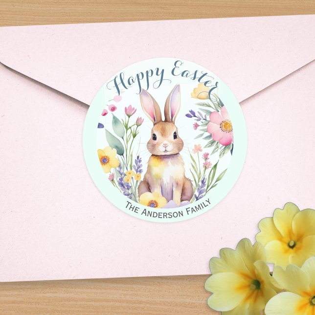 Adesivo Coelhinho de Felz pascoa bonito e flores personali (A personalized sticker with rabbit and flowers in a watercolor style, and 'Happy Easter' greeting)
