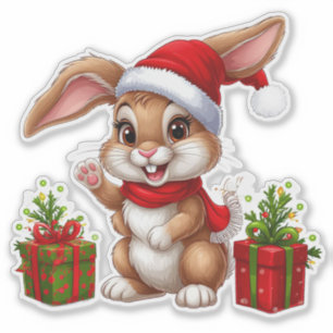 Adesivo Coelhinho de Natal Adorável Com Chapéu de Papai No