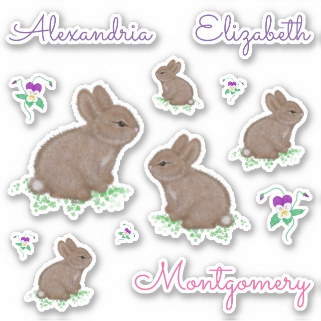 Adesivo Coelhinhos e Flores Fofos Personalizados (Frente)