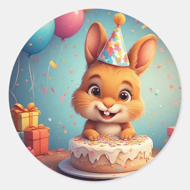 Adesivo Coelho Adorável Comemorando Aniversário com Bolo (Frente)
