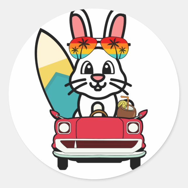 Adesivo Coelho branco engraçado está dirigindo para a prai (Frente)