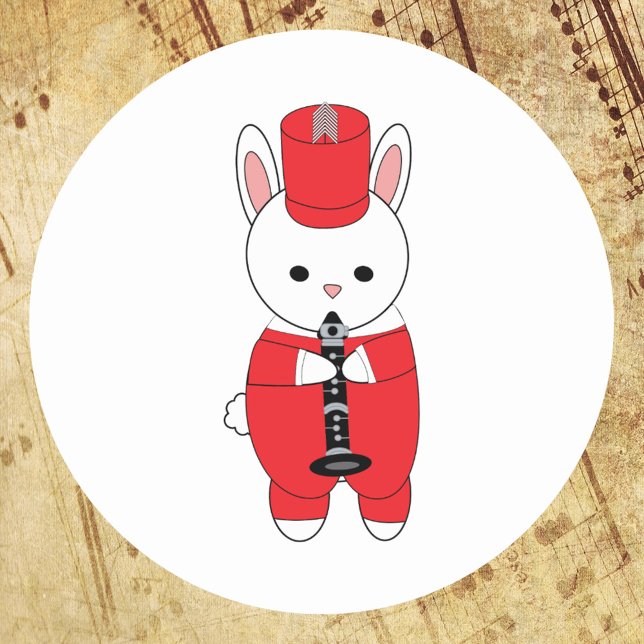 Adesivo Coelho Clarinet Banda Marcha Vermelho (A sticker with a marching band rabbit playing the clarinet in a red and white uniform.)