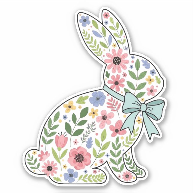 Adesivo Coelho de Páscoa de Flores Silvestres Rosa e Azul (Frente)
