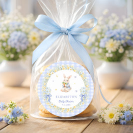 Adesivo Coelho em Xadrez Azul Baby Shower Obrigado