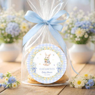 Adesivo Coelho em Xadrez Azul Baby Shower Obrigado