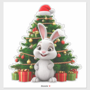Adesivo Coelho Fofo de Chapéu de Natal ao lado de uma Árvo