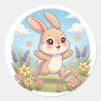 Adesivo Coelho Fofo Saltando em um Campo de Flores