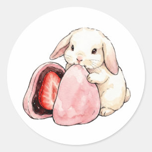 Adesivo Coelho Kawaii em Aquarela Comendo Mochi de Morango
