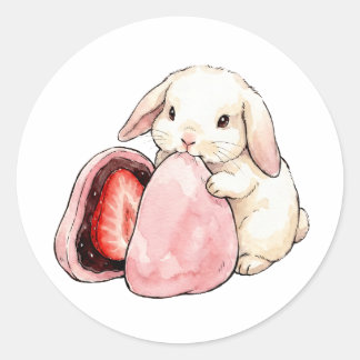 Adesivo Coelho Kawaii em Aquarela Comendo Mochi de Morango