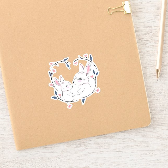 Adesivo coelho mãe kawaii e seu bebê com flores (Notebook)
