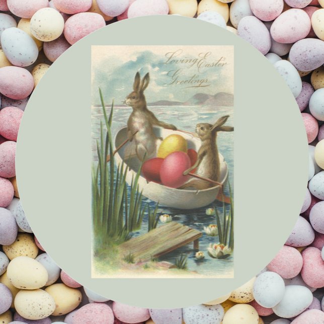 Adesivo Coelhos de Páscoa Vintage em um Barco com Ovos de  (Criador carregado)