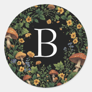Adesivo Cogumelos Florais Inicial Personalizada em Preto
