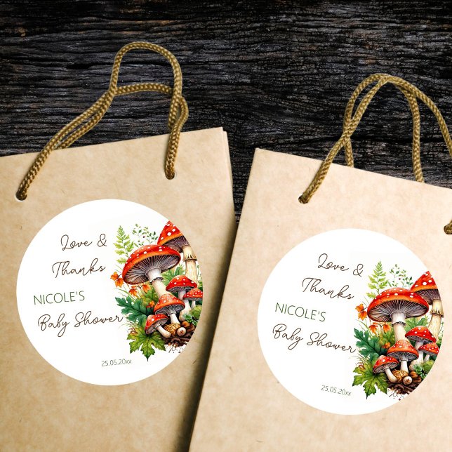 Adesivo Cogumelos selvagens chá de fraldas obrigado a favo (Wild forest red mushrooms green fern baby shower printed thank you favor stickers )