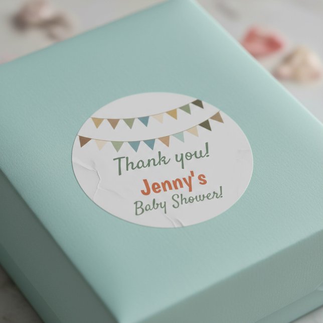 Adesivo Colar obrigado do chá de fraldas de revestimento (Pastel bunting baby shower thank you classic round sticker.)