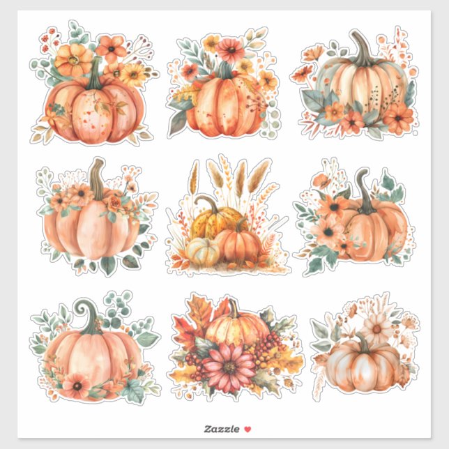 Adesivo Colheita de ouros Aquarela Pumpkin e Floral (Folha)