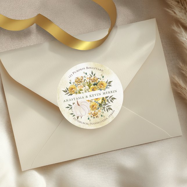 Adesivo Colheita de Pumpkin Colete Endereço de Retorno Dou (White Pumpkin Harvest Gold Floral Fall | Autumn Return Address Envelope Seal Round Sticker)