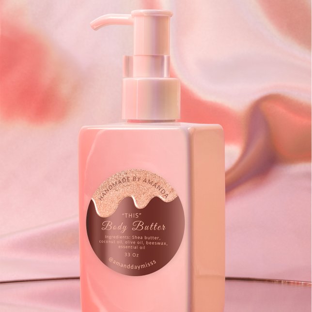 Adesivo Colírio de Manteiga Corpo Encapsulamento de Produt (Body Butter Drips Product Packaging Rose Brown Classic Round Sticker)