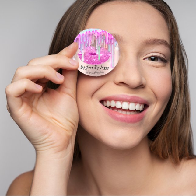 Adesivo Colírio de perda de lípidos Encapsulamento Unidade (Lipgloss Makeup Drips Packaging Pink Drips Rose Classic Round Sticker)