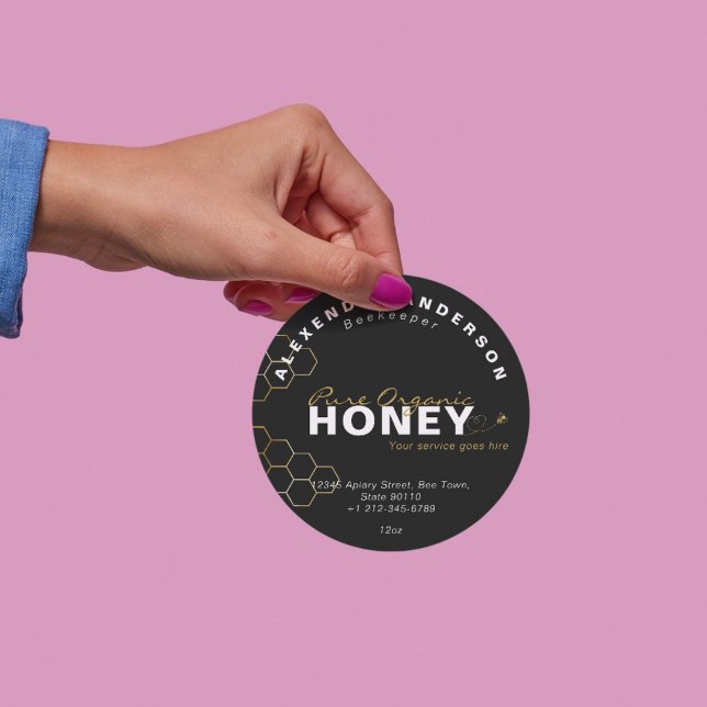 Adesivo Colmeia Preta Mel Dourado Abelhas Modernas (Modern Honey Bees Gold Honeycomb Black Classic Round Sticker)