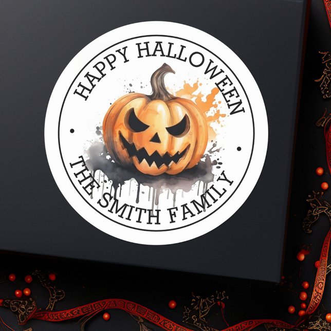 Adesivo Coloração aquosa Spooky Jack-o-Lanterna Feliz Hall (Spooky watercolor Jack-o-Lantern Happy Halloween Classic Round Sticker)