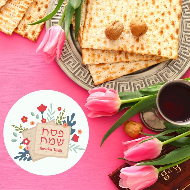Adesivo Colorida Floral Matzah Hebrew Feliz Passover (Criador carregado)