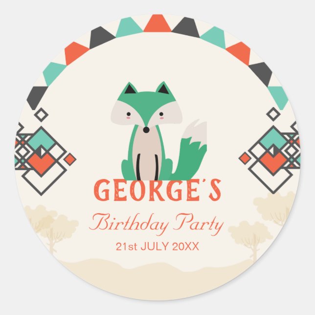 Adesivo Colorida Geométrica Formas Tribais Fox Aniversário (Frente)
