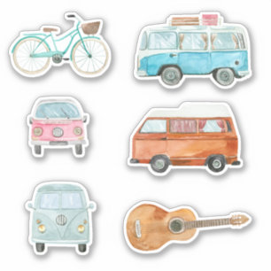 Adesivo Colorida Retro Watercolor Van Bicycle Guitar