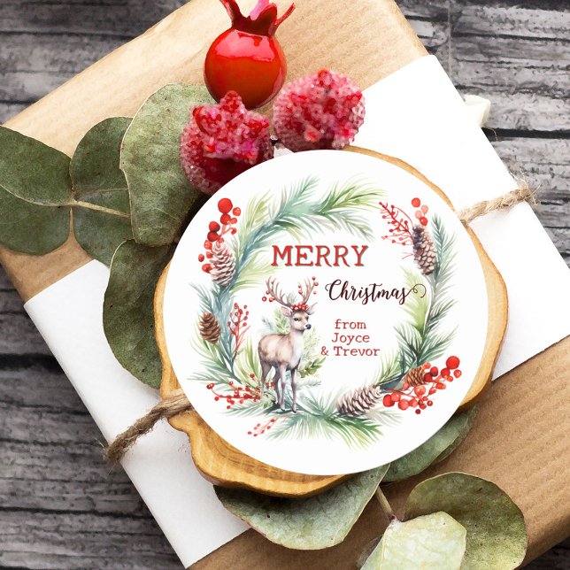 Adesivo Colorida Watercolor Deer Wreath Natal (Festive colorful Christmas sticker showing a cute watercolor deer and Holiday wreath with pine cones)