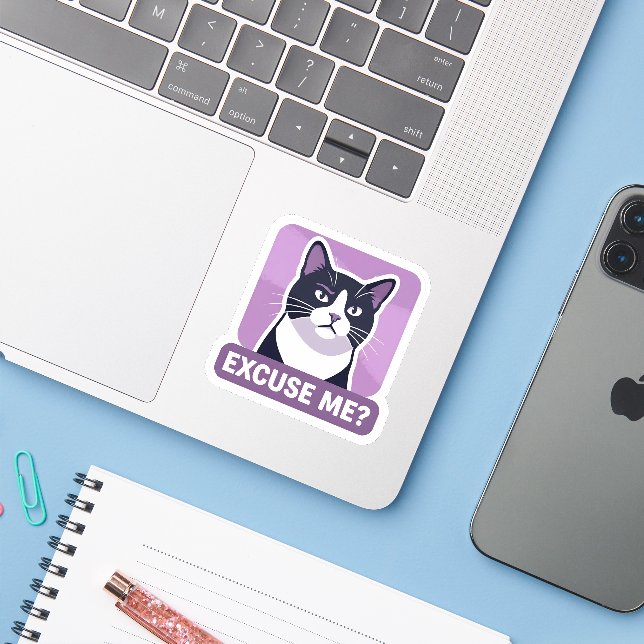 Adesivo Com licença? Meme de Gato – Ilustração Engraçada d (Notebook com iPhone)