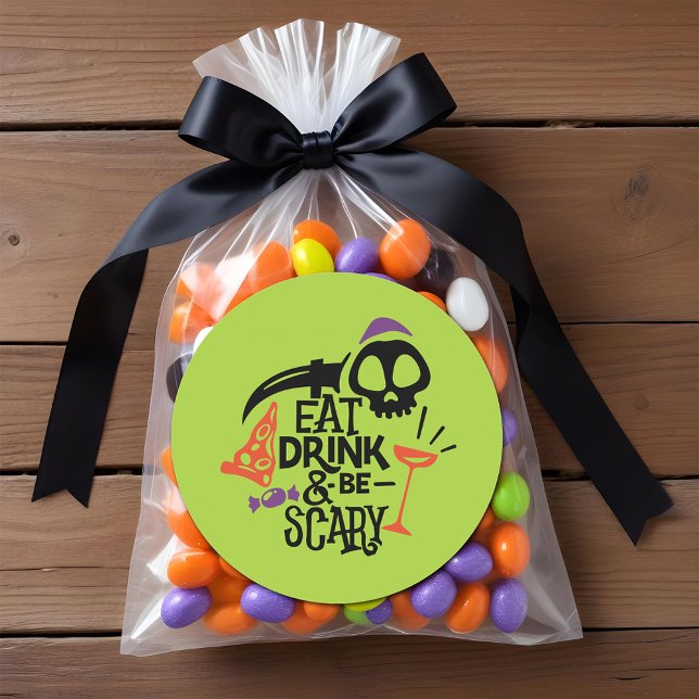 Adesivo Coma Bebida e Seja Assustador no Dia das Bruxas (Eat Drink and Be Scary Halloween Classic 3" Round Stickers)