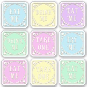 Adesivo "Coma-Me" "Beba-Me" Festa Wonderland Tea