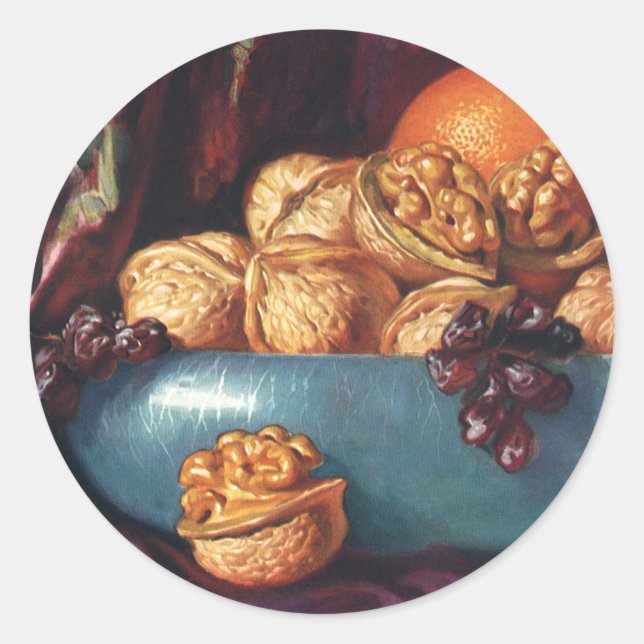 Adesivo Comida Antiga, Nozes e Frutas em uma Tigela Azul (Frente)