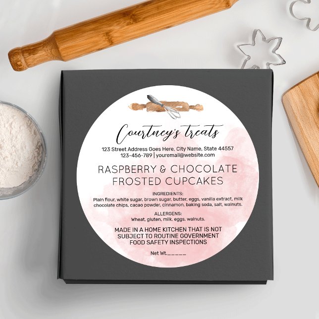 Adesivo Comida da Lei de Algodão da Caligrafia Rosa-Rosa (Blush pink watercolor food license stickers for your bakery or catering business)