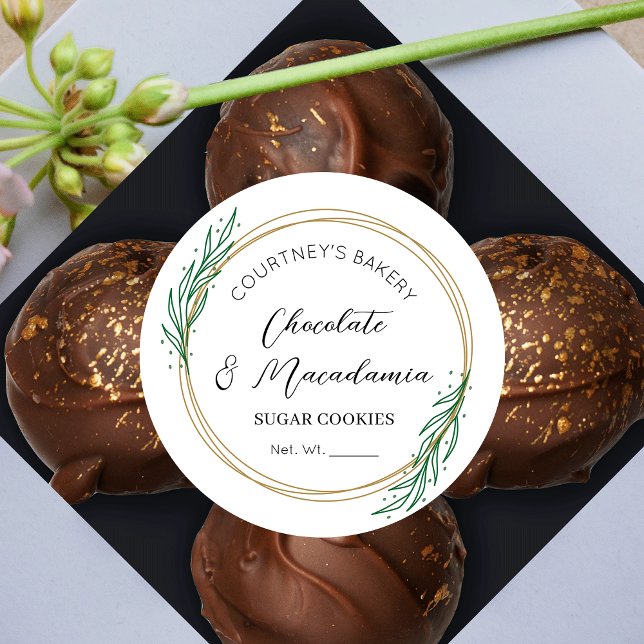 Adesivo Comida de Biscoitos de Açúcar de Terra Verde Elega (Bakery Labels Featuring Faux Gold Wreath with Greenery, stylish fonts and white background)