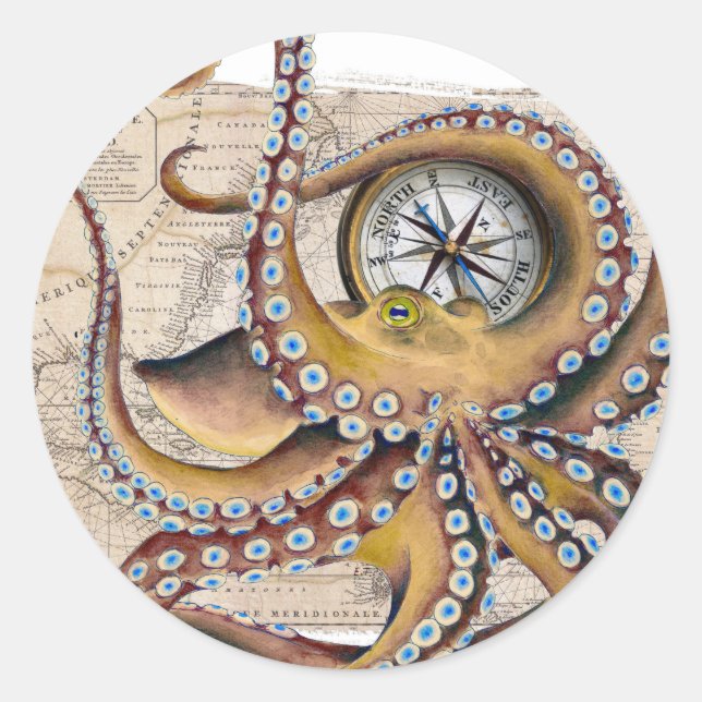 Adesivo Compass de Mapa de Vintagem de Octopus Castanho (Frente)