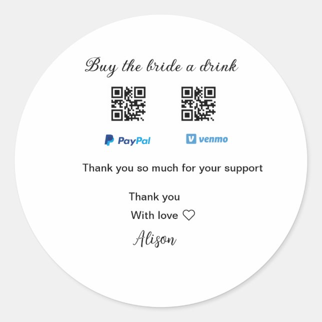 Adesivo Comprar uma bebida para a noiva QR Venmo PayPal do (Frente)