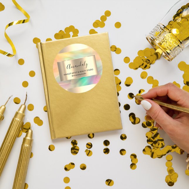 Adesivo Compro de Beleza Makeup Frame Dourado Favor Pintad (Makeup Beauty Shop Frame Gold Favor Painted Classic Round Sticker)