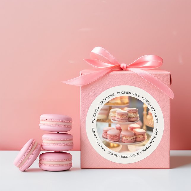 Adesivo Compro de Bolo de Cupcake Personalizado para Folha (Personalized Photo Bakery Cupcake Cake Shop Classic Round Sticker by MINTIC DESIGN STUDIO)