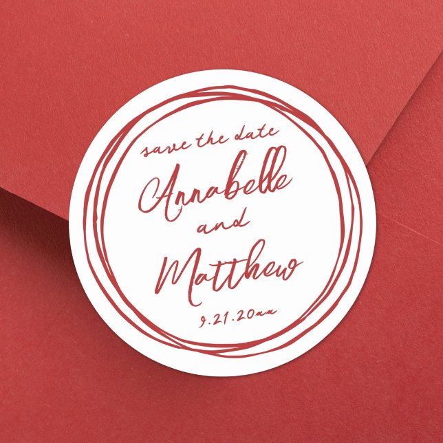 Adesivo Compromisso Vermelho Manuscrito Salvar a Data (Simple Trendy Red Engagement Save The Date Classic Round Sticker )
