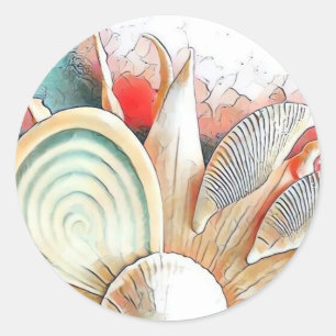 Adesivo Conchas Coloridas na pintura em aquarela da praia 