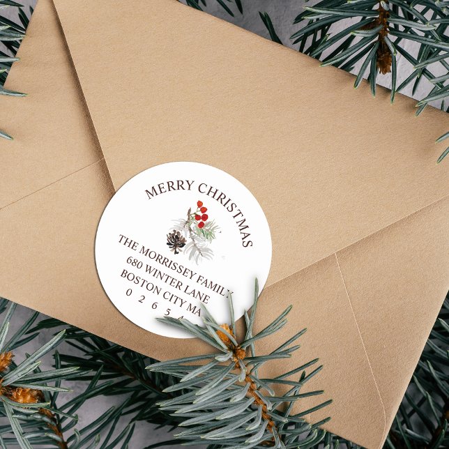 Adesivo Cone de Natal de Inverno com Ramalhete e Frutas En (Christmas Winter Sprig Cone Berries Return Address Classic Round Sticker)
