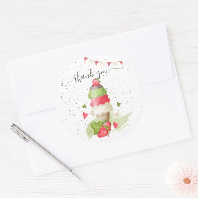 Adesivo Cone de sorvete de morango "obrigado você" (Envelope)