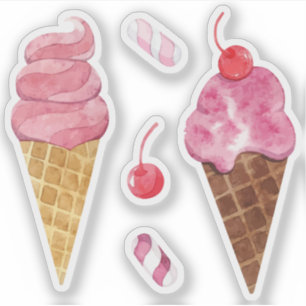 Adesivo cones de sorvete arco-íris aquarela cereja
