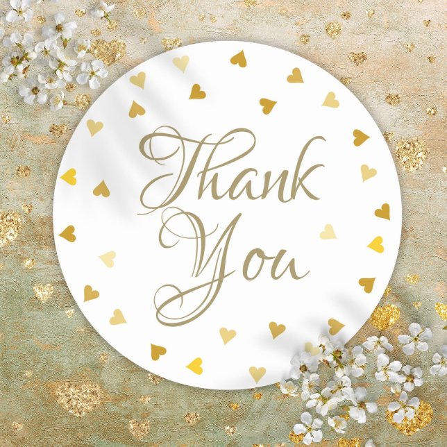 Adesivo Confetes Corações Dourados Script Elegante Obrigad (Gold Hearts Confetti Elegant Script Thank You Classic Round Sticker)