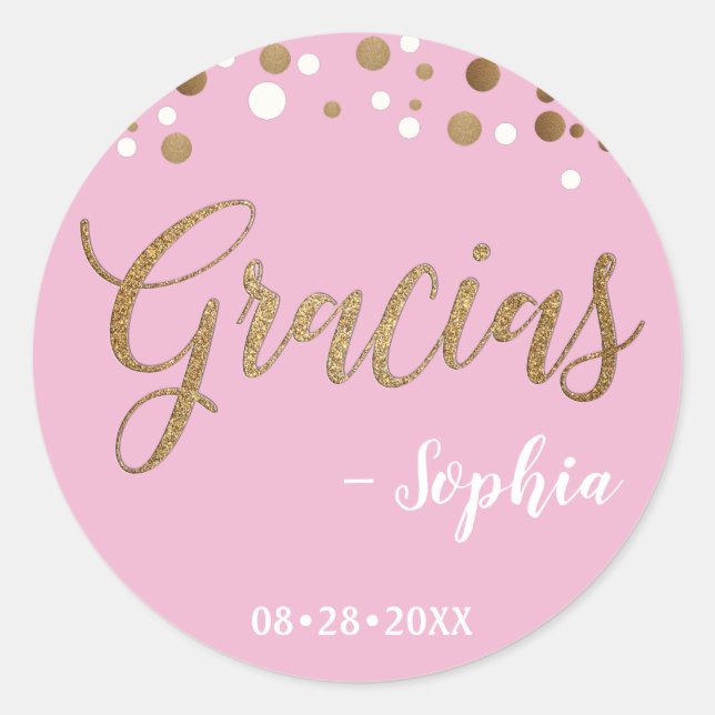Adesivo Confetes Rosa e Dourado Gracias Obrigada aniversár (Frente)