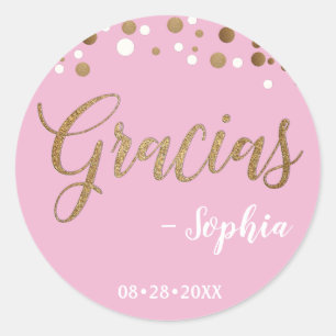 Adesivo Confetes Rosa e Dourado Gracias Obrigada aniversár