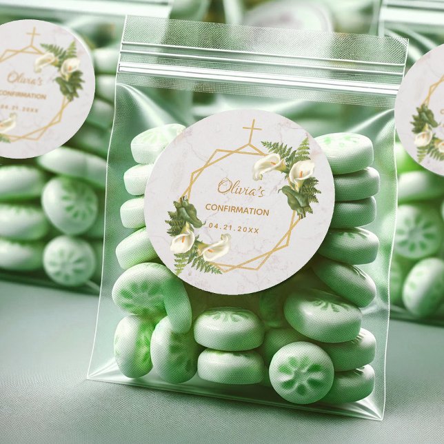 Adesivo Confirmação Calla Lily Fern Floral Dourado Marble (Criador carregado)