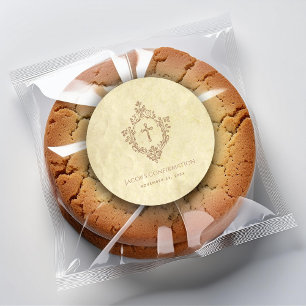 Adesivo Confirmação Cruz Vintage em Brasão Pergaminho Anti