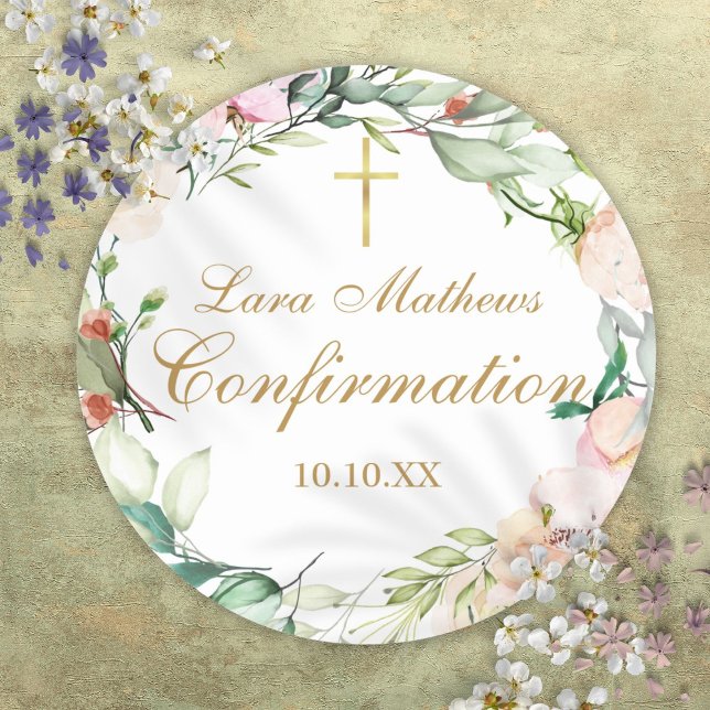 Adesivo Confirmação de Script Dourado do Rosa Floral Garla (Roses Floral Garland Gold Script Confirmation Classic Round Sticker)