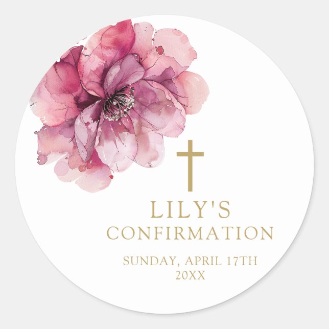 Adesivo Confirmação Floral de Cor de Água Rosa Elegante Mo (Frente)